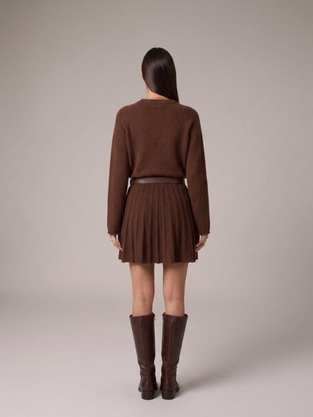 Women's Brown Raglan Sweater Pleated Mini Skirt Knit Two Piece Set Fall Outfit - Picture 5 of 5
